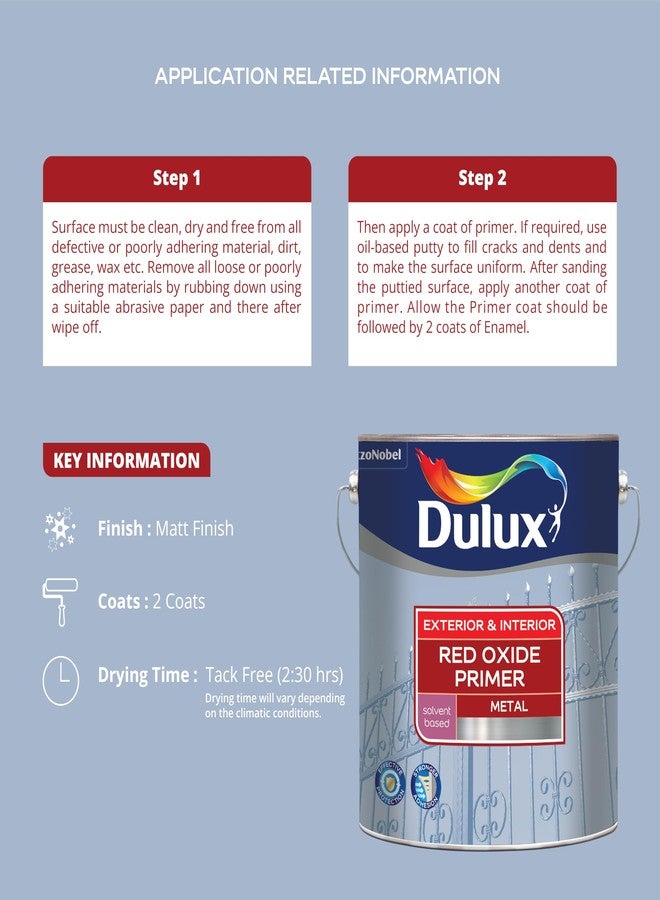 Dulux Red - Oxide Metal Primer | Suitable For Interior & Exterior Work |Quick Drying, Rust Protection for Metal Surfaces, 4 Litres - Image 4